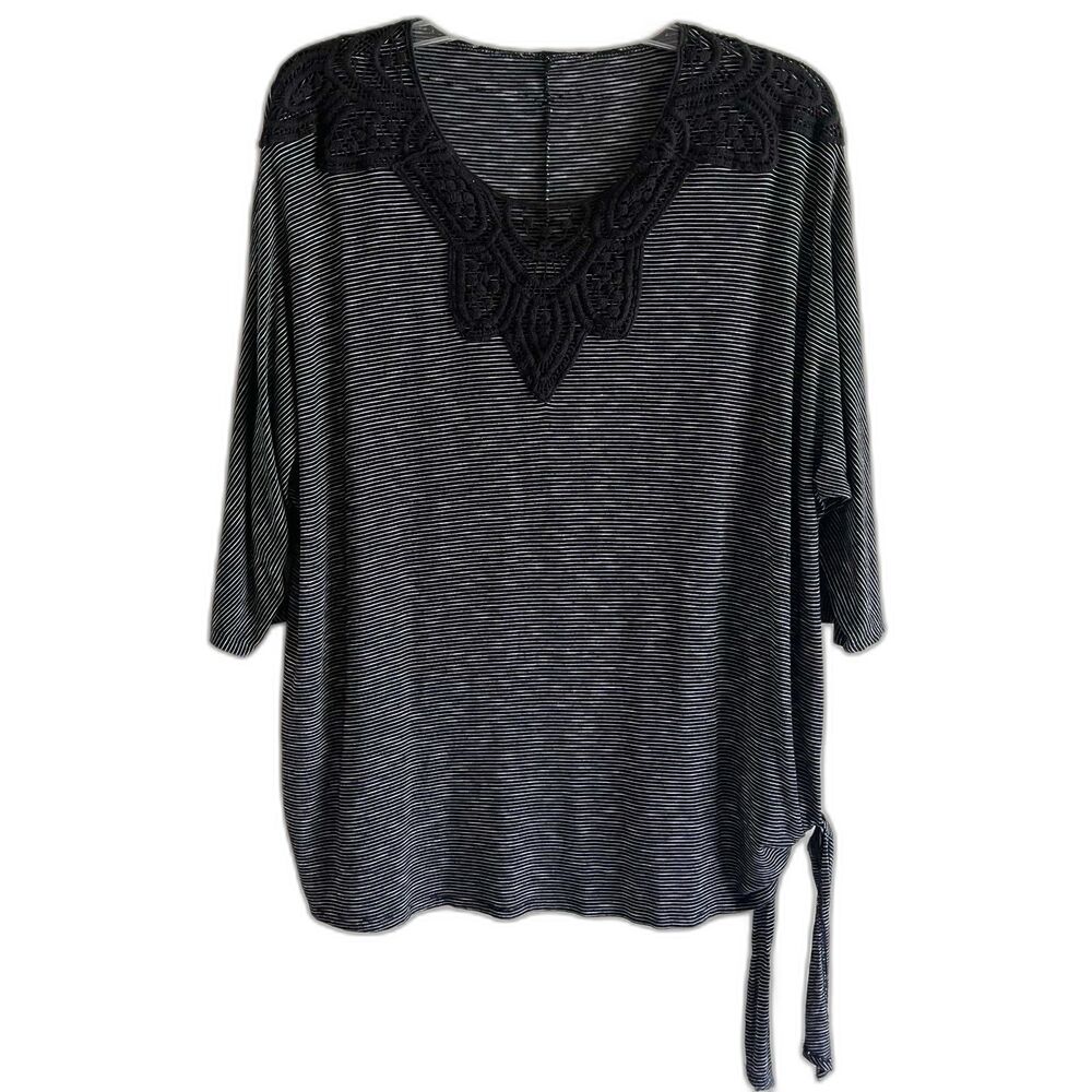 Avenue Black Crochet Knit Top Plus Size 2XStriped Side Tie Knot 3/4 Sleeve